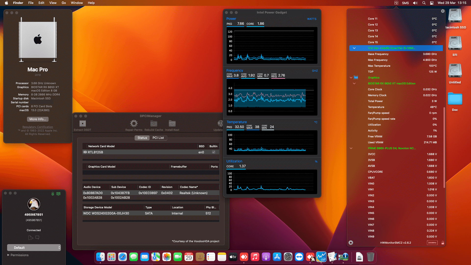 Success Hackintosh macOS Ventura 13.0 Build 22A380 in Asus Prime B660-Plus D4 + Intel Core i5 12600K + Biostar RX 6650 XT